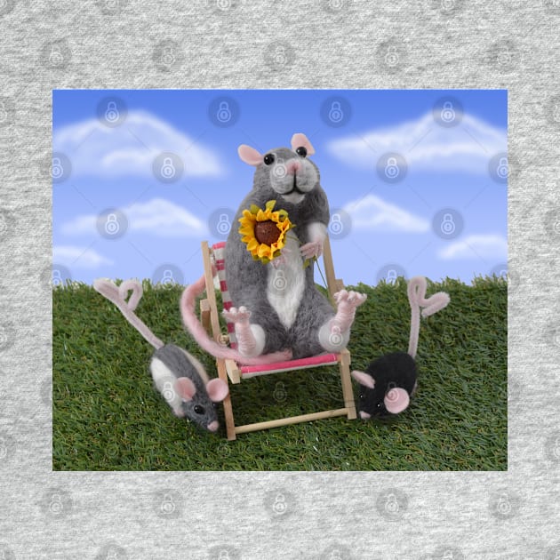 Grey Berkshire Rat and Friends - Needle Felted Rat Sunbathing on a Deck Chair by WolfySilver